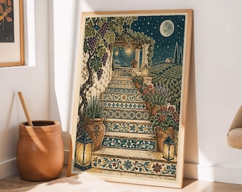Mediterranean Wall Art, Moonlit Italian Vineyard Print, Tuscan Tile Staircase Art, Deep Navy, Teal, Terracotta Rustic Decor