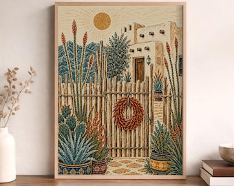 Southwestern Wall Art, Adobe Courtyard Print, Ocotillo Fence Art, Desert Garden Poster, Rustic Southwest Decor, Santa Fe Style Art Print