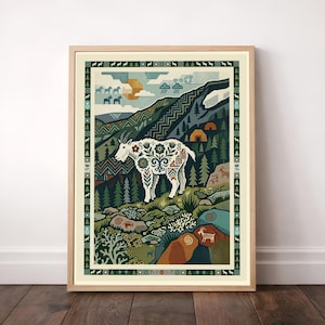 May include: A framed art print featuring a stylized white mountain goat with floral patterns on its body, standing in a mountainous landscape with pine trees, rocky terrain, and geometric clouds, all enclosed within a decorative patterned border.