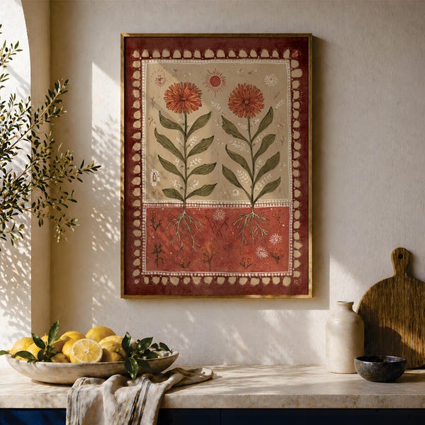 Rustic Folk Art Botanical Print, Vintage Orange Flower Wall Art, Earthy Floral Illustration, Boho Cottage Botanical Decor, Rooted Garden Art