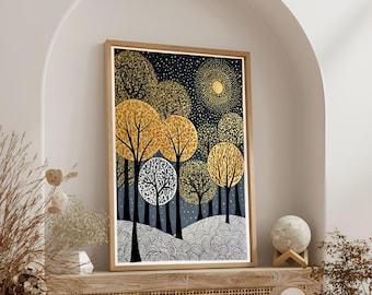 Folk Art Forest Print, Navy and Mustard Tree Wall Art, Scandinavian Woodland Art, Whimsical Night Forest Decor