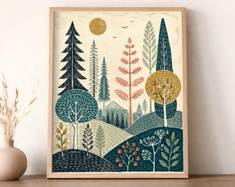 Scandinavian Forest Wall Art, Folk Art Tree Print, Colorful Mountain Landscape, Rustic Woodland Decor, Teal and Rust Nature Art