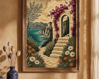 Mediterranean Coastal Ruins Wall Art, Greek Archway Linocut Print, Bougainvillea Seaside Landscape, Rustic Folk Art Decor