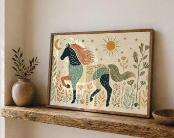 Horse Wall Art, Folk Art Horse Print, Boho Nursery Decor, Rustic Equine Artwork, Sage Teal and Mustard Girls Room Art