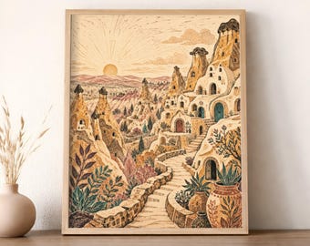 Cappadocia Wall Art Print, Turkey Landscape Art, Fairy Chimney Linocut, Rustic Travel Decor, Turkish Folk Art