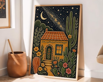 Southwestern Wall Art, Adobe Cottage Linocut Print, Desert Night Folk Art, Cactus and Moon Decor, Rustic Southwest Home Artwork