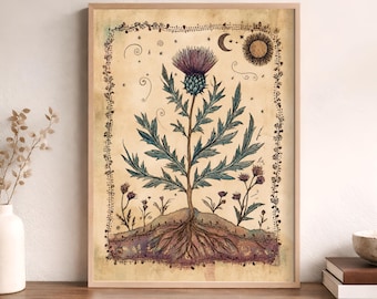 Thistle Wall Art, Celestial Botanical Folk Art Print, Rustic Wildflower Decor, Scottish Thistle Artwork, Cottagecore Nature Poster