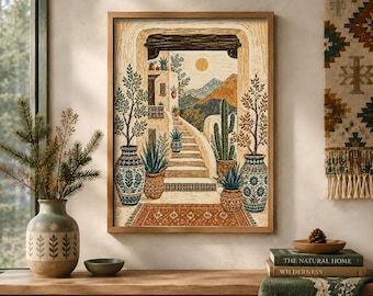 Southwestern Mountain Courtyard Art Print, Rustic Desert Home Wall Art, Adobe Stairway Folk Art, Talavera Pottery Print, Cactus Print Decor