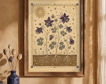 Purple Columbine Wall Art, Colorado Wildflower Print, Rustic Botanical Folk Art, Linocut Floral Decor