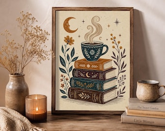 Book Lover Wall Art, Coffee and Books Print, Bookish Folk Art, Cozy Reading Nook Decor, Vintage Botanical Linocut Artwork