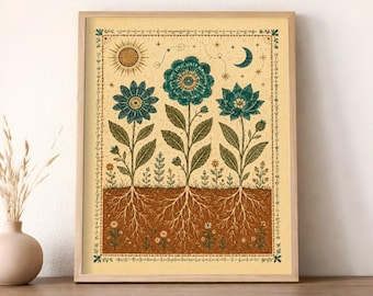 Celestial Botanical Folk Art Print, Rooted Flowers Wall Art, Rustic Linocut Floral Poster, Teal Boho Nature Decor