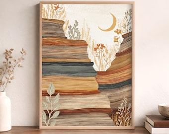Book Canyon Wall Art, Rustic Book Lover Print, Folk Art Library Decor, Cozy Reading Nook Artwork, Southwestern Boho Book Stack Art