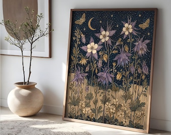 Columbine Wall Art, Celestial Wildflower Print, Purple Botanical Folk Art, Colorado Flower Decor, Cottagecore Night Garden