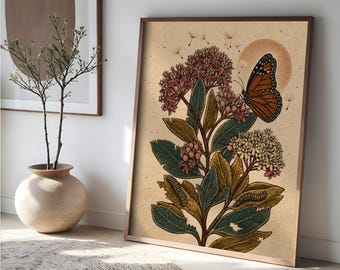 Monarch Butterfly Wall Art, Milkweed Botanical Print, Rustic Folk Art, Linocut Butterfly Decor, Cottagecore Nature Artwork