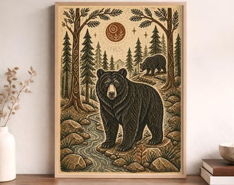 Bear Wall Art, Rustic Woodland Folk Art Print, Black Bear Forest Linocut, Mountain Cabin Decor, Lodge Wall Decor, Nature Wildlife Art