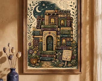 Book Lover Wall Art, Folk Art Book House Print, Whimsical Library Decor, Storybook Home Art, Rustic Reading Nook Decor