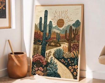 Southwestern Wall Art, Desert Landscape Print with Saguaro Cactus, Elf Owl and Sun, Arizona Folk Art Linocut, Rustic Desert Decor