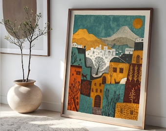 Mediterranean Wall Art, Colorful Old World Village Print, Mountain Town Folk Art, Rustic Boho Landscape Decor