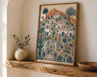 Southwestern Wall Art, Adobe Village Print, Desert Folk Art, Cactus Garden Artwork, Southwestern Home Decor, Rustic Pueblo Art