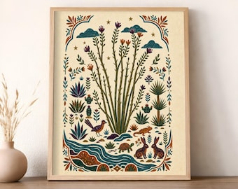 Southwestern Wall Art, Ocotillo Desert Print, Colorful Folk Art Botanical, Rustic Cactus and Desert Animal Decor