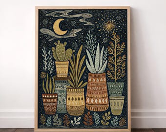 Southwestern Cactus Wall Art, Desert Plants Print, Potted Cactus Art, Folk Art Botanical Print, Rustic Southwest Decor