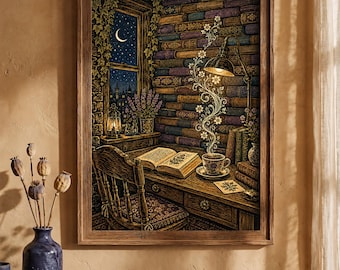 Book Lover Wall Art, Cozy Library Linocut Print, Magical Reading Nook Art, Dark Academia Decor, Bookish Folk Art