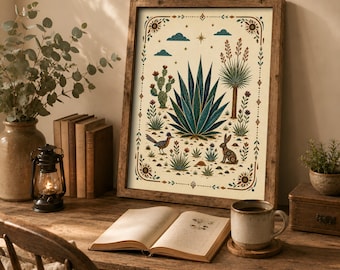 Southwestern Wall Art, Desert Agave Folk Art Print, Roadrunner and Jackrabbit Art, Rustic Botanical Desert Decor
