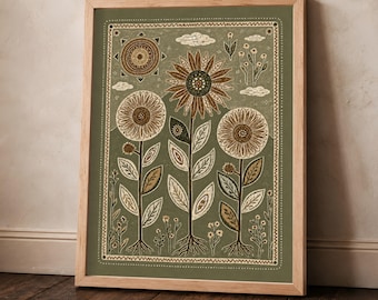 Folk Floral Wall Art, Rustic Botanical Print, Olive Green Wildflower Decor, Scandinavian Linocut Flower Art
