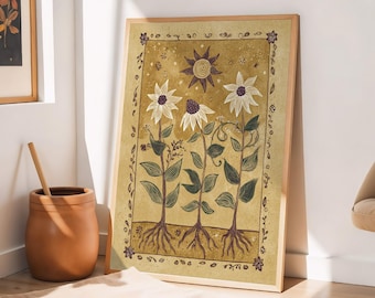 Coneflower Wall Art, Rustic Botanical Folk Art Print, Echinacea Flower Decor, Cottage Garden Linocut, Wildflower Artwork