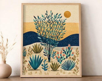 Ocotillo Wall Art, Southwestern Desert Landscape Print, Cactus and Agave Folk Art, Rustic Arizona Desert Decor