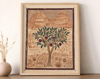Southwestern Wall Art, Desert Peach Tree Linocut Print, Canyon Landscape Art, Rustic Botanical Wall Decor, Southwest Folk Art