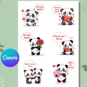 Può includere: Un foglio di adesivi con panda dei cartoni animati con cuori e messaggi come "Miss you, Sophia!" e "Love you always, Amelia!" Gli adesivi sono progettati con un tema di amore e relazione, con il testo "Adorable Ways to Say I Love You".