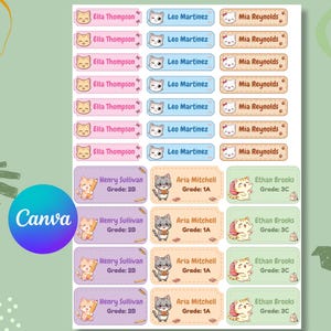 Adorable Personalized Cat Name Labels for Kids, Cute Chibi Kitten School Stickers with Editable Name and Grade