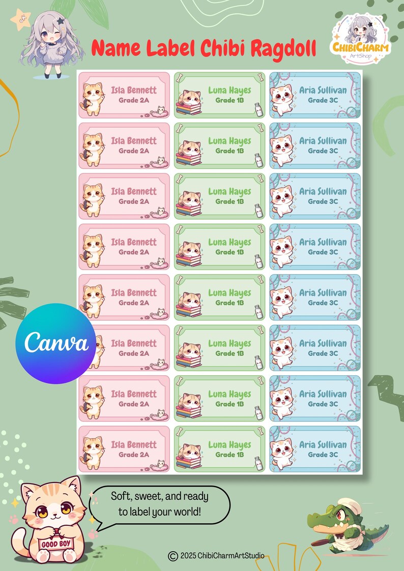 Cat Lable Personalized Cute Ragdoll Cat Name Labels for Kids, Custom Pet Tag ...