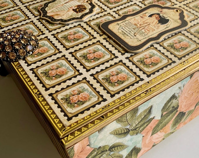 Vintage Romantic Decorated Cigar Box, Jewelry Box, Keepsake Memory Box, Wedding Storage