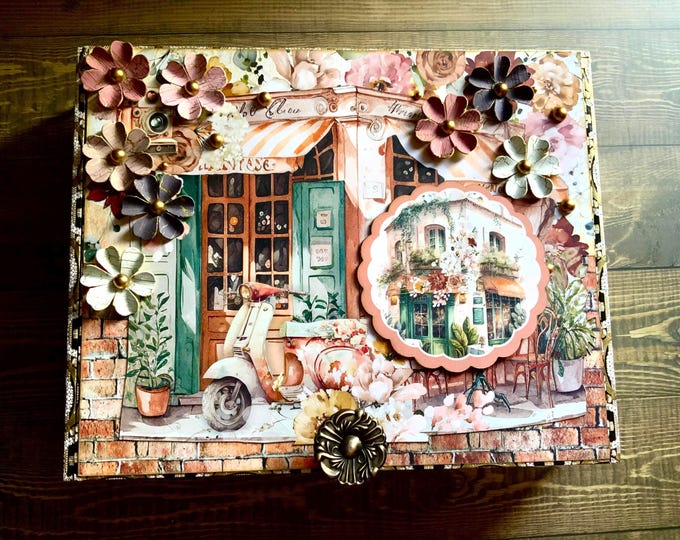 Paris Cafe Decorated Cigar Box – Shabby Chic Floral Keepsake Box with Vintage Scooter & Bistro, Upcycled Jewelry Storage