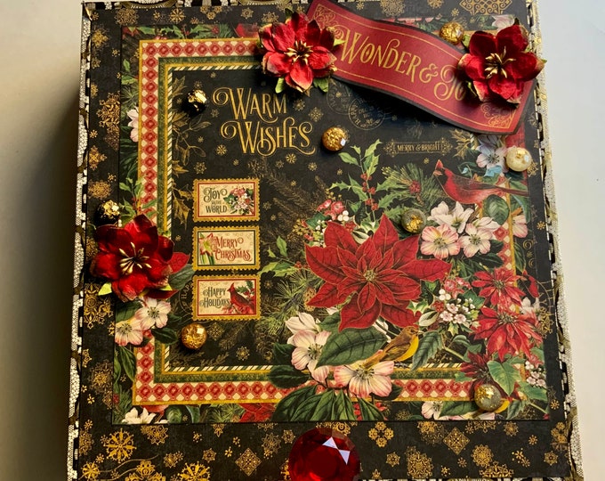 Christmas Decorated Keepsake Box – Holiday Memory Box with Poinsettias & Warm Wishes – Handmade Jewelry Box, Altered Cigar Box