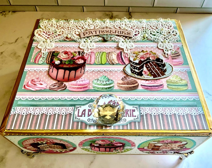 Upcycled Patisserie Cigar Box, French Bakery Decor, Life is Sweet Gift Box, Macaron Cupcake Jewelry Storage, Shabby Chic Box