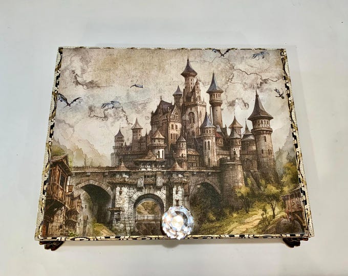Fantasy Dragon Decorated Cigar Box, Medieval Castle Keepsake, Mystical Dragon Decor, Gothic Gift