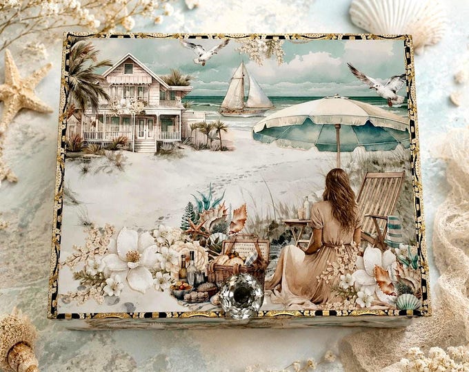 Coastal Beach Decorated Cigar Box - Handmade Vintage Keepsake Box - Coastal Gift  - Beach House Decor -Nautical Jewelry Box - Free Shipping