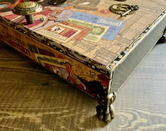 Masculine Decorated Wooden Cigar Box, Valet, Altered Cigar Box, Repurposed Cigar Box, Fountain Pen Storage, Upcycled Cigar Box