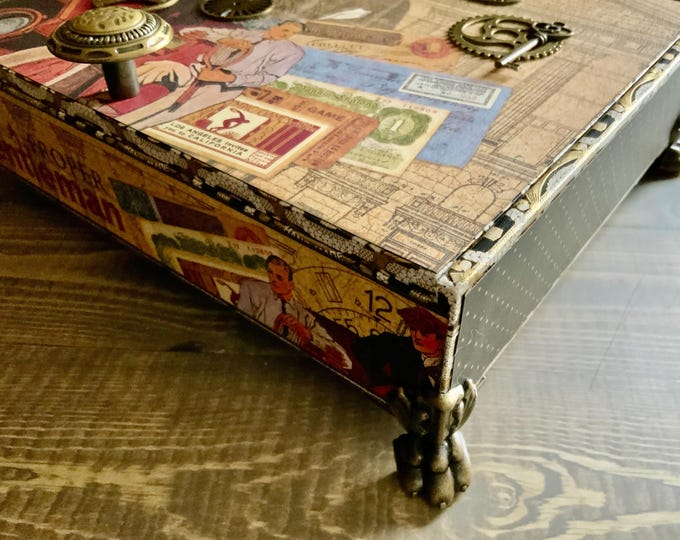 Masculine Decorated Wooden Cigar Box, Valet, Altered Cigar Box, Repurposed Cigar Box, Fountain Pen Storage, Upcycled Cigar Box