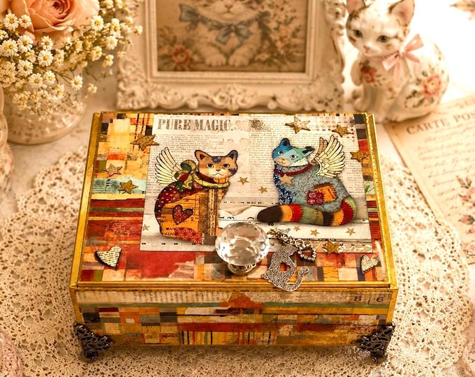 Whimsical Kitty Decorated Cigar Box – Angel Cats Keepsake Storage, Handmade Upcycled Box with Crystal Knob – Ships Free in the U.S.