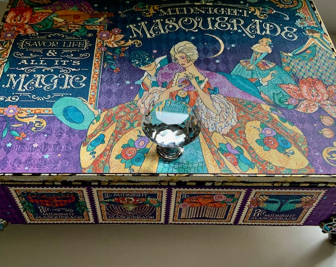 Midnight Masquerade Decorated Cigar Box – Altered Keepsake Box with Feathers & Carnival Style – Handmade Jewelry or Trinket Box