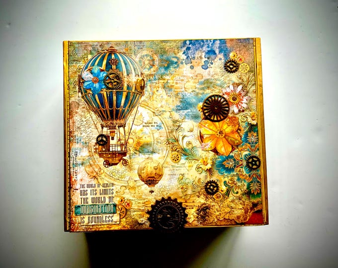 Steampunk Decorated Cigar Box – Upcycled Storage Box with Hot Air Balloon, Gears & Floral Art – Steampunk Jewelry or Keepsake Box