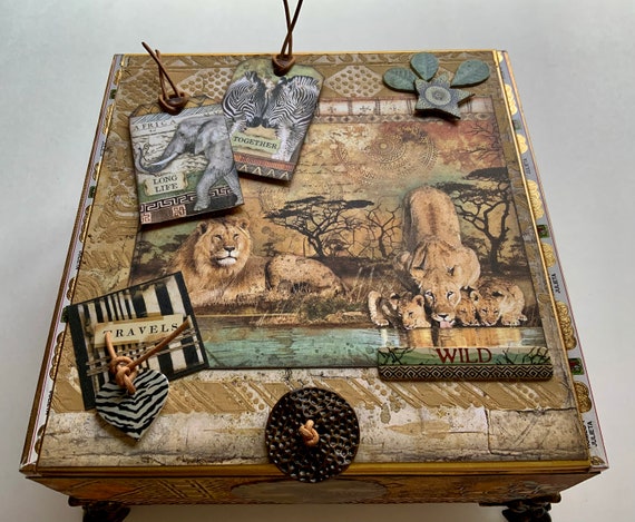 African Safari Decorated Cigar Box – Wildlife Memory Box with Lions, Elephants, Giraffes & Tribal Accents –Handmade Nature Gift, Altered Box