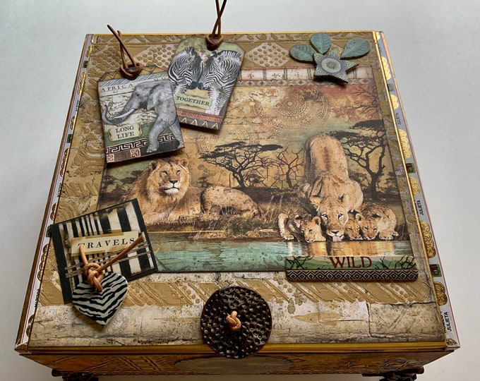 African Safari Decorated Cigar Box – Wildlife Memory Box with Lions, Elephants, Giraffes & Tribal Accents –Handmade Nature Gift, Altered Box