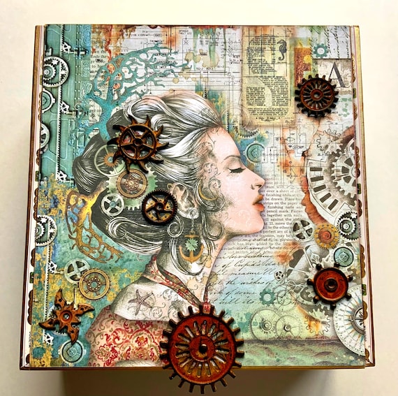 Steampunk Decorated Cigar Box, Repurposed Cigar Box, Embellished Box, Decorative Desk Storage, Upcycled Cigar Box, Aesthetic Altered Box