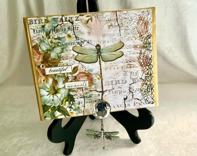 Dragonfly Keepsake Box: Vintage Music Sheet Art, Crystal Knob