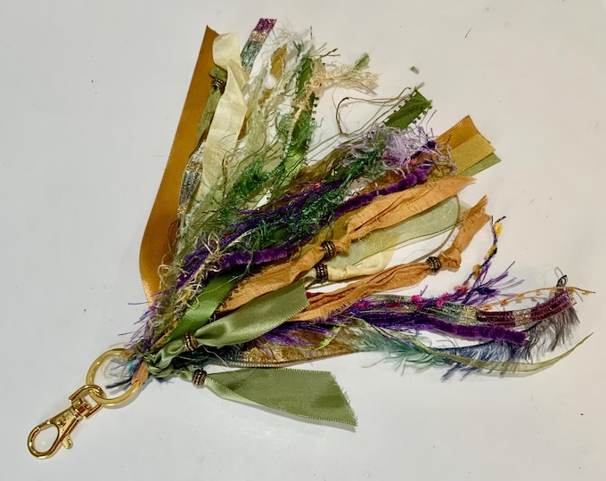 Enchanted Woodland Mixed Fiber Tassel – Boho Purse Charm, Keychain Accent, Gold Clasp